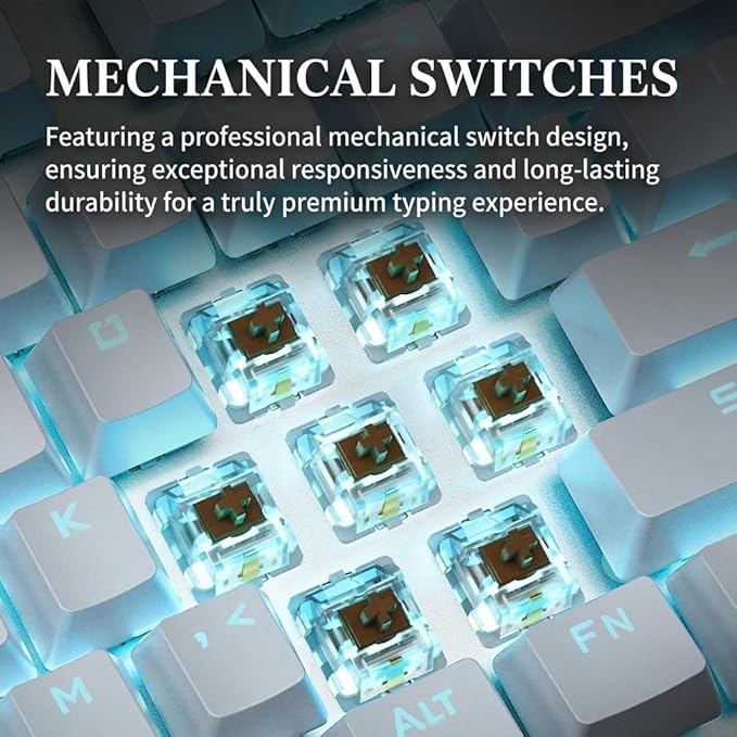 HP Wired Mechanical Keyboard GK400F, 104 Keys Full Size USB Keyboard, Brown Switches, Ice Blue LED Backlit, Anti-Ghosting, Silver & White Keycaps, HP Keyboard for PC Gaming and Office