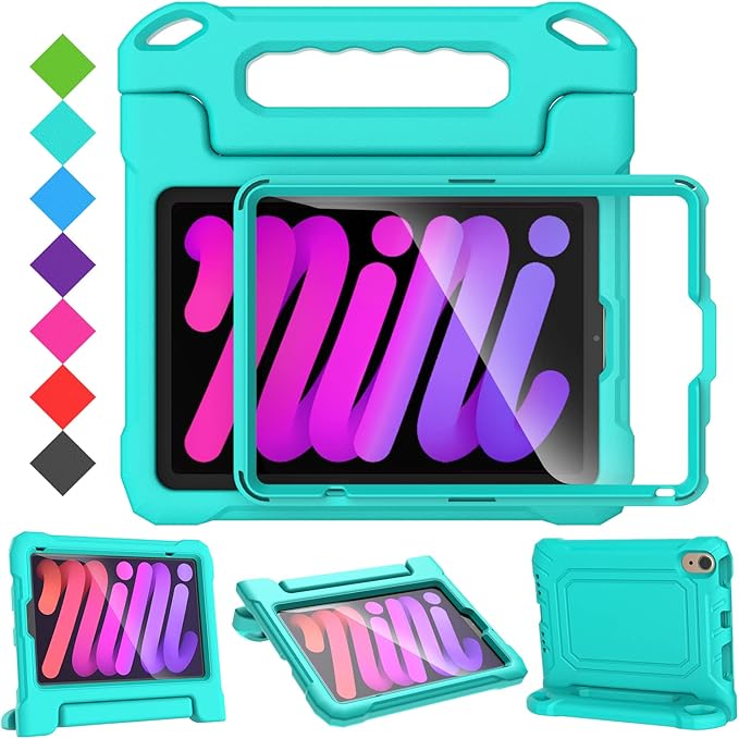 SUPLIK Kids Case for iPad mini 7 (A17 Pro) 2024 & Mini 6 2021, iPad mini 6th/7th Generation Case with Screen Protector, Durable Shockproof Handle Stand Cover for 8.3-inch iPad mini 6/7 Gen, Cyan