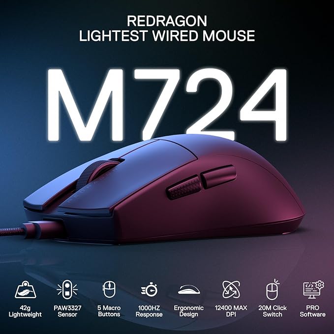 Redragon M724 Wired Gaming Mouse, 42G Ultra-Light 12,400 Max DPI Optical Gaming Mouse with 5 Programmable Buttons, Ergonomic Natural Grip Build, Software Supports DIY Keybinds & DPI, Black