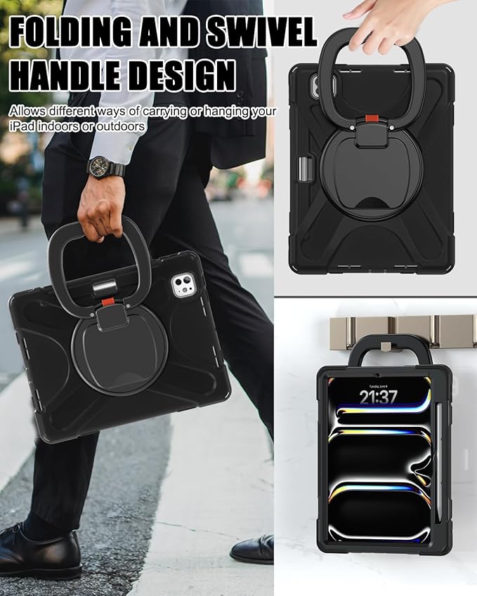 BRAECN Case for iPad Pro 11 (M4/M5) 2024/2025, Heavy Duty Silicone Cover with Screen Protector, Pencil Holder, Shoulder Strap, 360° Rotating Handle Grip, Stable Kickstand for iPad Pro 11 2024, Black