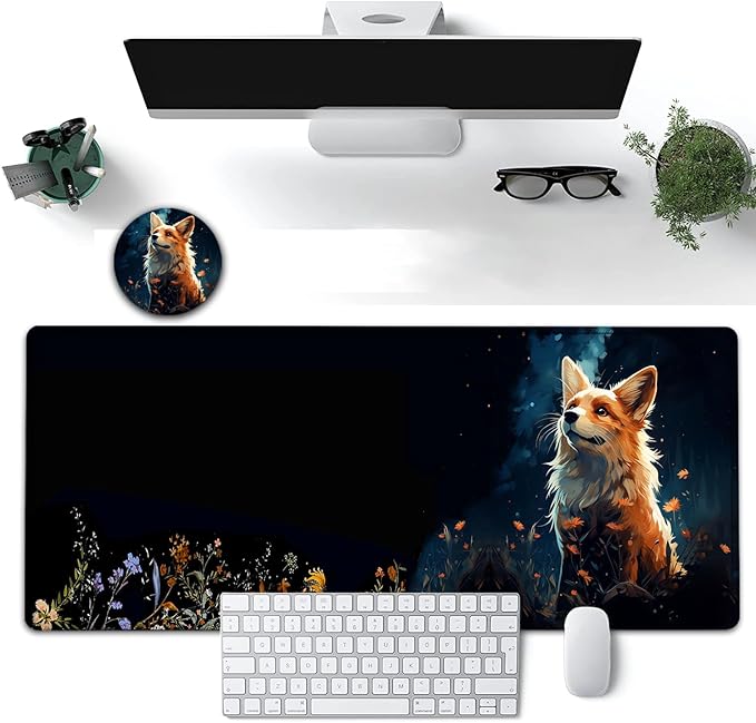 Large Mouse Pad, 31.5 x 11.8in Extended Gaming Mouse Pad with Stitched Edges, XXL Mousepad Protector Non Slip Rubber Base for Office and Home Writing Mat, Cute Red Fox Animal Pattern Black Desk Mat