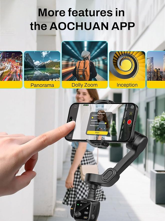 AOCHUAN Smart V8 3-Axis Gimbal Stabilizer for iPhone, Smartphone Gimbal w/7.8" Extension Rod, OLED Display, Phone Stabilizer w/Face Tracking, Portable Hard Case for Camera, EVA Bag V8& B30