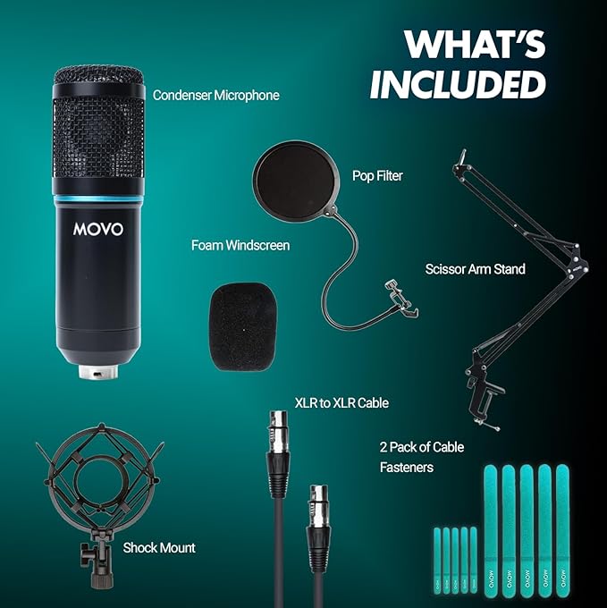 Movo PodPak Podcast Equipment Bundle with XLR Condenser Microphone, Articulating Scissor Arm, and Pop Filter - XLR Mic for Podcasting, Streaming, YouTube, Music, ASMR - Content Creator Studio Mic