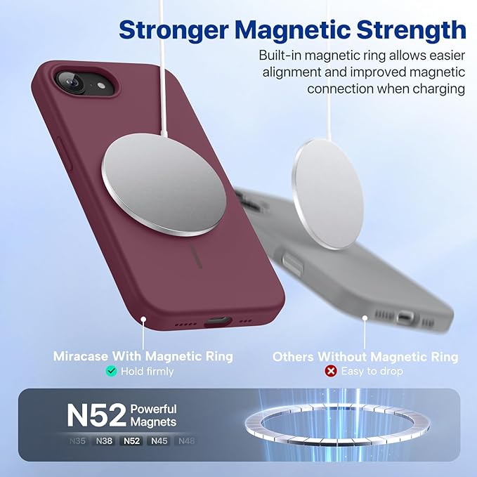 Miracase Magnetic for iPhone 17e Case & iPhone 16e Case, [Soft Anti-Scratch Microfiber Lining], Compatible with MagSafe, Silicone Shockproof Protection Phone Case for iPhone 17e/16e, Wine Red