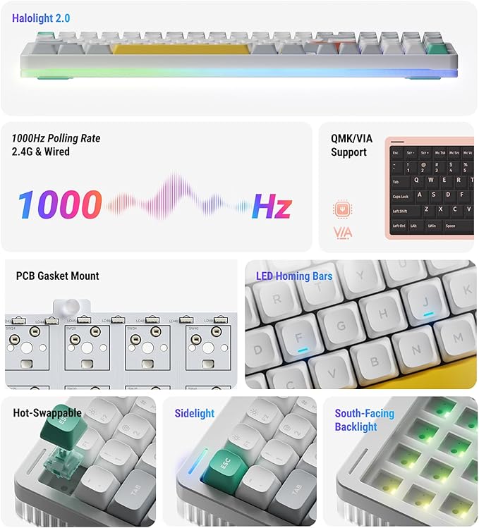 nuphy Halo96 V2 Wireless Keyboard,Gasket Structure,96% Hot Swappable Gaming Keyboard, 99 Kyes RGB Backlit Mechanical Keyboard, Support QMK/VIA,Bluetooth/USB-C/2.4GHz-Green,Silent Red Clear-Top (45gf)