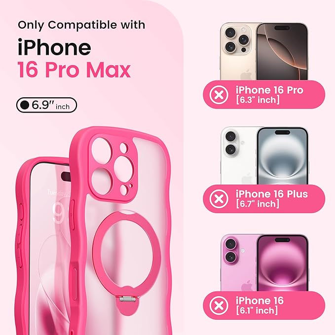 CAPRARO for iPhone 16 Pro Max Case with 360° Spin Magnetic Stand for Women, [Compatible with MagSafe] [Full Camera Protection] Cute Wave Translucent Matte Case for iPhone 16 Pro Max, Hot Pink