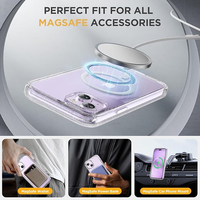 Miracase Glass Series Designed for iPhone 14 Plus Case 6.7 inch, 2023 Upgrade Full-Body Magnetic Clear Case with Built-in 9H Tempered Glass Screen Protector,Compatible with MagSafe,Clear Glitter