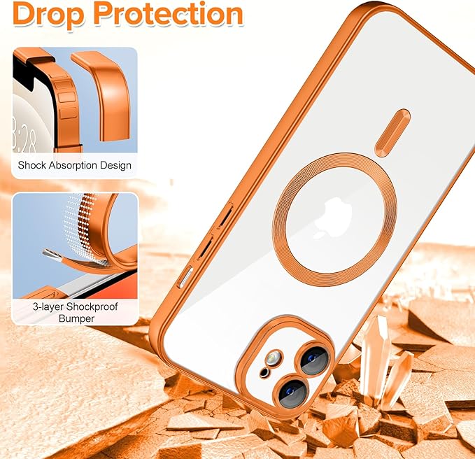 Hython Magnetic Clear for iPhone 12 Case with Camera Lens Protector [Compatible with MagSafe] Luxury Plating Edge Slim Soft TPU Cover Protective Phone Case for iPhone 12 6.1", Matte Orange