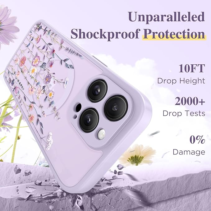 GVIEWIN for iPhone 15 Pro Case Compatible with MagSafe, [Military Grade Protection] [Screen Protector] Full Camera Protection Floral Translucent Women Magnetic Phone Case, Floratopia/Colorful