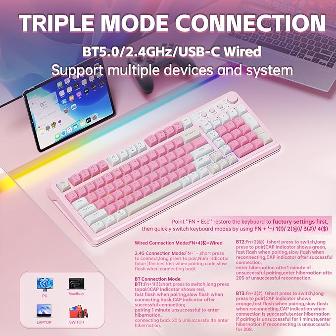 AULA 99 Key Keyboard, Wireless Gaming Keyboard Bluetooth Computer Keyboards Creamy Cute with Number Pad RGB Backlit Tri-Mode BT/2.4GHz/USB-C - Pink