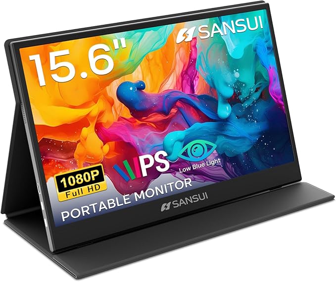 SANSUI Portable Monitor 15.6 Inch FHD 1080P Travel Monitor for Laptop, USB C HDMI Ultra-Thin IPS Computer Display with Speakers & PU Leather Stand Cover, for PC Mac mini Phone Switch Gaming