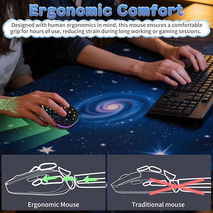 elec Space Bluetooth Wireless Mouse with Starry Sky RGB Backlight& Gradient Breathing Light - Ergonomic Dual Mode Rechargeable Mouse, Type-C Charging - Perfect for Office, Gaming & Travel (Balck)