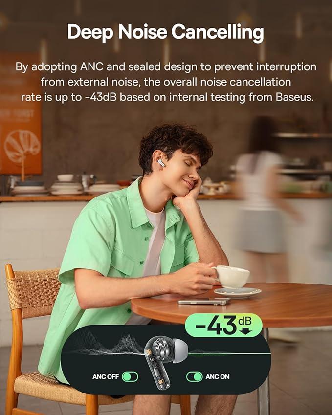 Baseus Bass BP1 NC Hybrid Active Noise Cancelling Wireless Earbuds, 12mm Super-Bass Driver, 41H Playtime, Bluetooth 6.0, IP55 Waterproof, 4-Mic AI ENC, 24 Customizable EQ