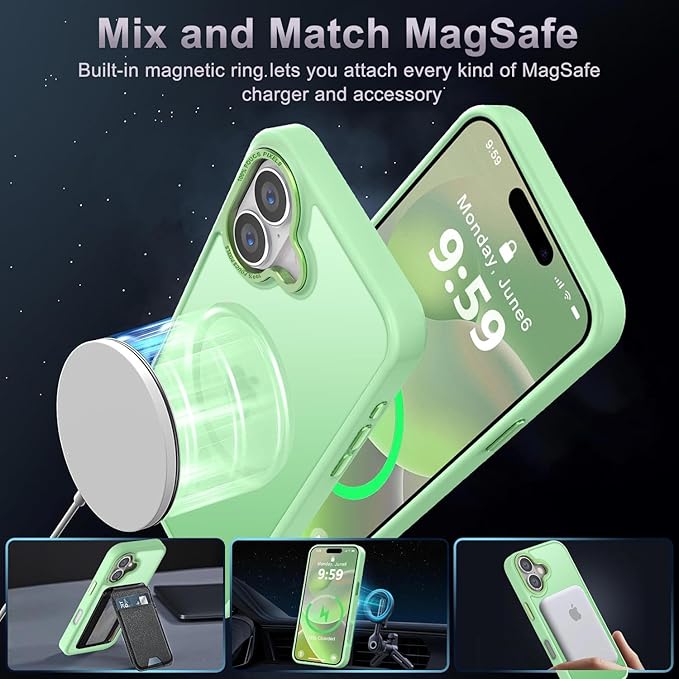 Newfuture Designed for iPhone 16 Case with Magnetic [13 FT Military Drop Protection] [Compatible with Magsafe] Slim Translucent Matte Shockproof with Anti-Fingerprint Phone Case, Matcha Green
