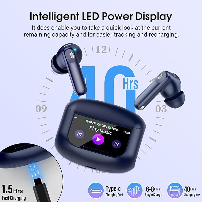 Wireless Earbuds, Bluetooth 5.4 Headphones Multi-Function Touch Screen with 5 EQ Modes, 48H Ear Buds Bass Stereo with ANC Noise Cancelling/Transparency Mode, Dark Blue