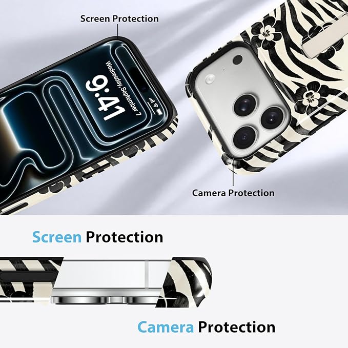 KANGHAR Compatible with iPhone 17 Pro Case, Support for MagSafe, Silicone Floral Cool Pattern, Finger Hold Wristband Kickstand Camera Protection Soft Slim Phone Case for Girls Women -Black