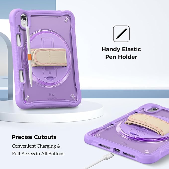 ProCase Rugged Case for iPad mini 7th(A17 Pro) 2024 / 6th Generation 8.3" 2021, Heavy Duty Shockproof Rugged Cover with Hand Strap 360 Degree Rotatable Kickstand Protective for iPad mini 8.3 -Purple