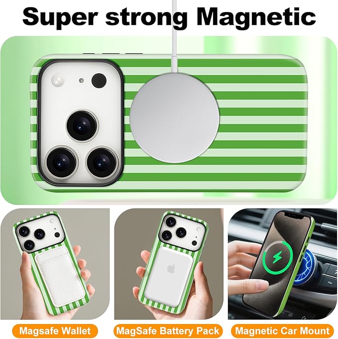 Magnetic for iPhone 17 Pro Case Cute Stripes Phone Case, Shockproof Slim TPU and Hard PC Protective Phone Cover Compatible with MagSafe Designed for Women Girls, Deep Green