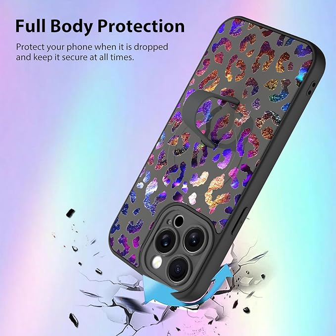 KANGHAR Compatible with iPhone 15 Pro Max Case, Support for MagSafe, Silicone Cute Iridescent Leopard Cheetah Pattern, Wristband Kickstand Shockproof Protective Slim Cover for Women Girls, Black