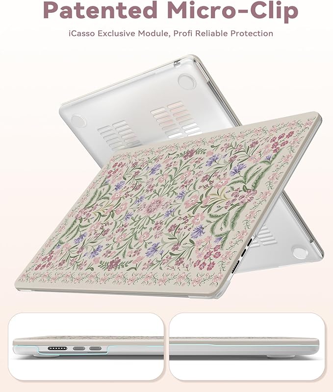 iCasso for MacBook Air 13 inch Case M5 2026 M4 M3 M2 2025-2022 Model A3449 A3240 A3113 A2681, Cottagecore Protective Hard Shell Case for Mac Air 13.6"+Keyboard Cover+Screen Protector, Purple Floral