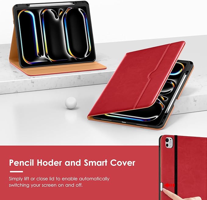 VIKESI Case for iPad Pro 13-inch M5 or M4 Released in 2025 or 2024, Leather Stand Cover with Apple Pencil Holder, Auto Wake/Sleep, Multiple Viewing Angles, Built in Hand Strap & Pocket,Red