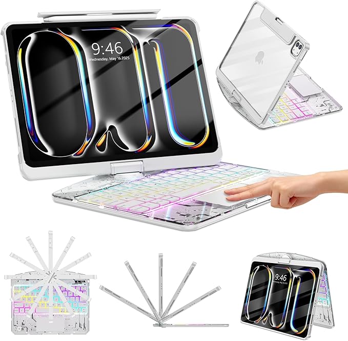 TSQQST Clear Wireless Keyboard Case for iPad Pro 11 Inch (M5/M4) 2025/2024 with Pencil Holder & Multi-Touch Trackpad, Visible PCB, 3-Brightness & 7-Color Backlight, 360° Rotating Stand, White