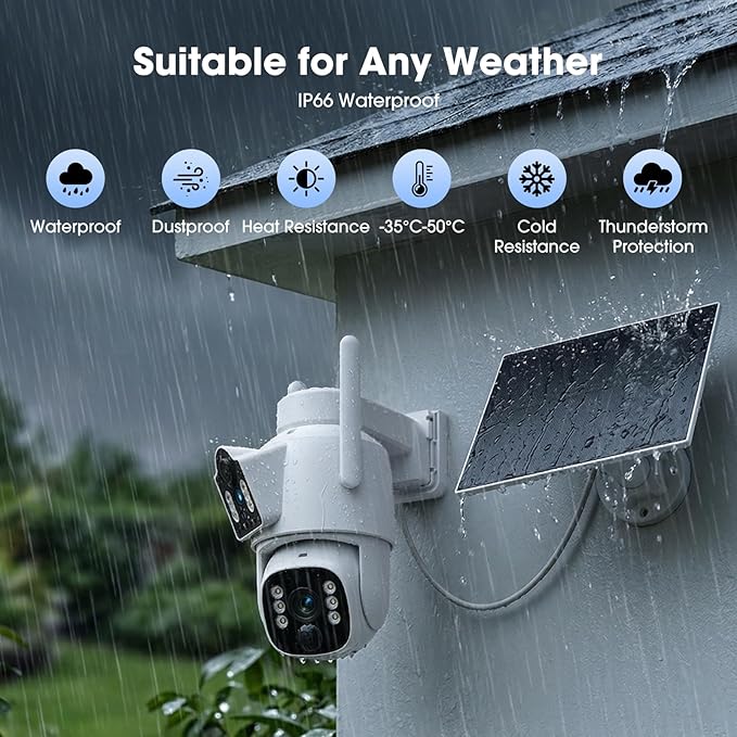 Camcamp Dual Lens Solar Security Cameras Wireless Outdoor System, 1 Camera (2 Views), 2.4/5 GHz WiFi, 2K Color Night Vision, 2-Way Audio, APP Remote, 0 Monthly Fee (1PC-Camera)
