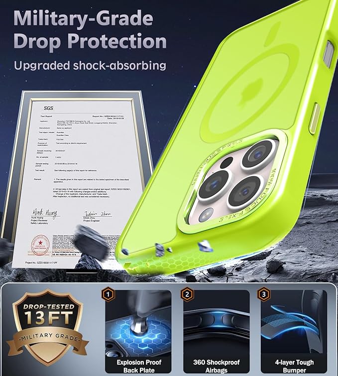 Newfuture Designed for iPhone 16 Pro Case with Magnetic [13 FT Military Drop Protection] [Compatible with Magsafe] Slim Translucent Matte Shockproof with Anti-Fingerprint Phone Case,Fluorescent Green