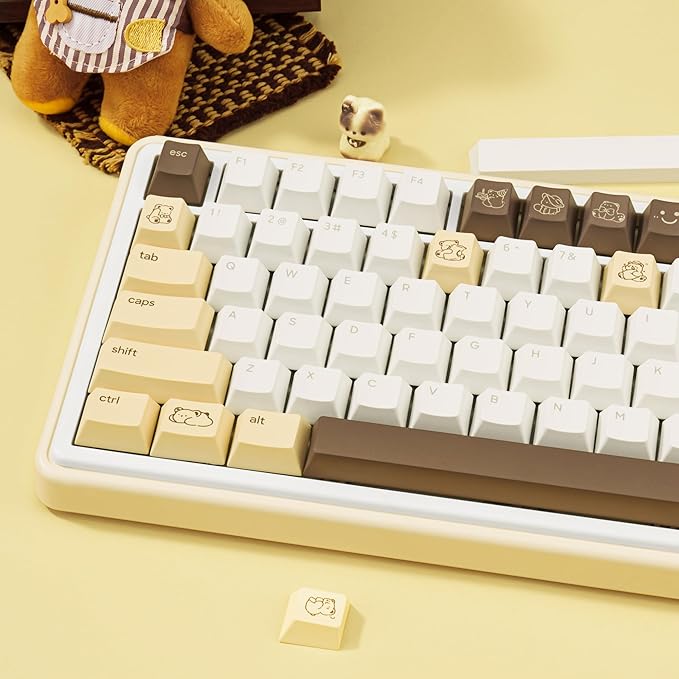 Little Bear Keycaps 134 Keys - Cherry Profile Custom PBT Key Caps, Dye-Sublimation Cute Yellow and White Keycap Set for Cherry MX Switches Mechanical Keyboards (60%/65%/75%/80%/100% Layout)