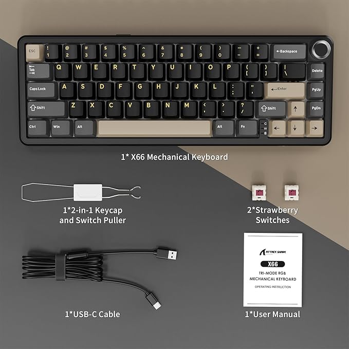 ATTACK SHARK X66 Wireless Mechanical Gaming Keyboard with Knob,Tri Mode USB-C/BT5.0/2.4G Gasket Mounted 60% RGB Gaming Keyboard 66Keys,PBT Keycap, Hot Swappable Custom Strawberry Switch(Star Black)