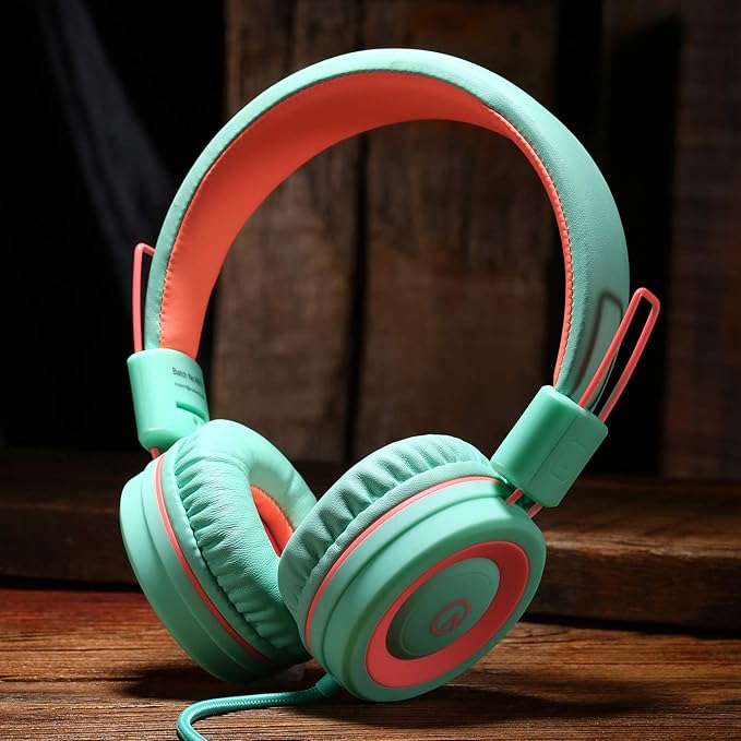 noot products Kids Headphones K11 Foldable Stereo Tangle-Free 5ft Long Cord 3.5mm Jack Plug in Wired On-Ear Headset for iPad/Amazon Kindle,Fire/Boys/Girls/School/Tablet/Laptop(Mint/Coral)