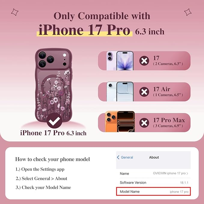 GVIEWIN for iPhone 17 Pro Case Compatible with MagSafe [Curly Wave Edge][Full Camera Protection] Floral Translucent Shockproof Magnetic Women Phone Case for iPhone 17 Pro 6.3'', Floratopia/Burgundy