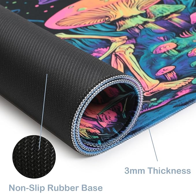 Simpkeely Large Gaming Mouse Pad XL - Blacklight Skull Mushroom Desk Mat, 31.5 x 11.8 Inch Extended Waterproof Keyboard Mousepad with Non-Slip Rubber Base for Gamers & Office Work