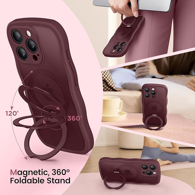 CAPRARO for iPhone 15 Pro Case with 360° Spin Magnetic Stand for Women, [Compatible with MagSafe] [Full Camera Protection] Cute Wave Translucent Matte Case for iPhone 15 Pro, Wine Red