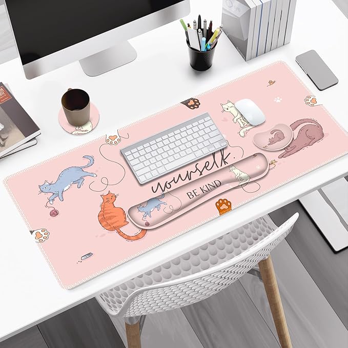 Large Gaming Mouse Pad Set, Pink Cats Ergonomics Keyboard Desk Mat with Memory Foam Wrist Rest, Extended Game Mousepad, Non-Slip Desk Pad Matt Easy Typing Pain Relief I Be Kind to Yourself
