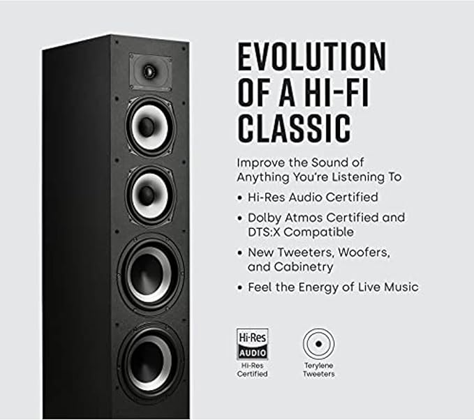 Polk Monitor XT70 Large Tower Speaker, Home Stereo Speakers, Hi-Res Audio, Dolby Atmos & DTS:X Compatible, 1" Tweeter, (2) 6.5" Balanced Woofers, (2) 8" Passive Radiators (Single, Midnight Black)