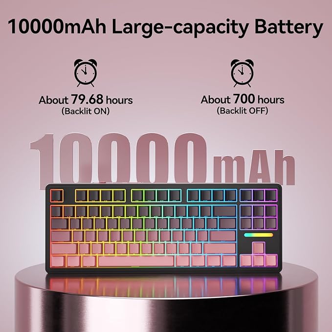 AUSDOM H87 Wireless Mechanical Gaming Keyboard: 10000mAh Battery 2.4G/BT5.3/USB-C Hot Swappable Custom Keyboard with RGB Backlit, Side Printed PBT Keycaps, 15-Layer Gasket Structure, Black Pink
