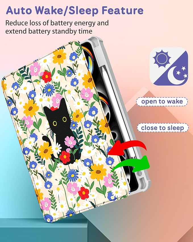 Uppuppy for iPad Pro M4/M5 Case 11 inch - 360 Degree Rotating Stand Folio Smart Cover with Pencil Holder for Women Girls, Cat and Flowers for iPad Pro 11 inch Case 2024 M4/2025 M5