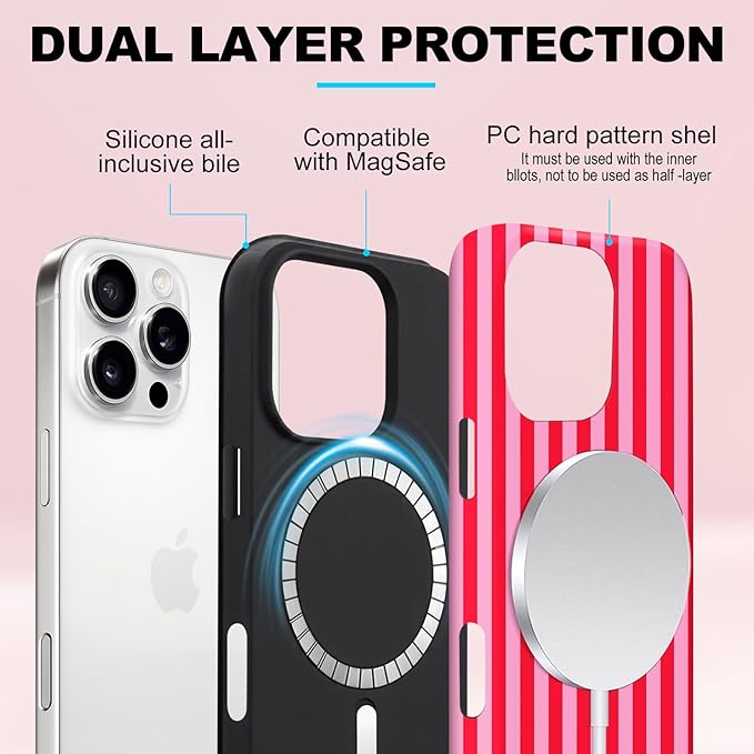 Magnetic for iPhone 16 Plus Case Cute Stripes Phone Case, Shockproof Slim TPU and Hard PC Protective Phone Cover Compatible with MagSafe Designed for Women Girls, Red and Pink