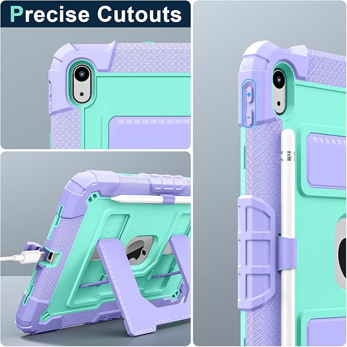 Kids Friendly Case for iPad A16 11th Generation 11 Inch 2025 / iPad 10th Generation 10.9" 2022 Case with Pencil Holder & Shoulder Strap, Hybrid iPad 11 10 Cover Rugged Shockproof Kickstand,Purple+Mint