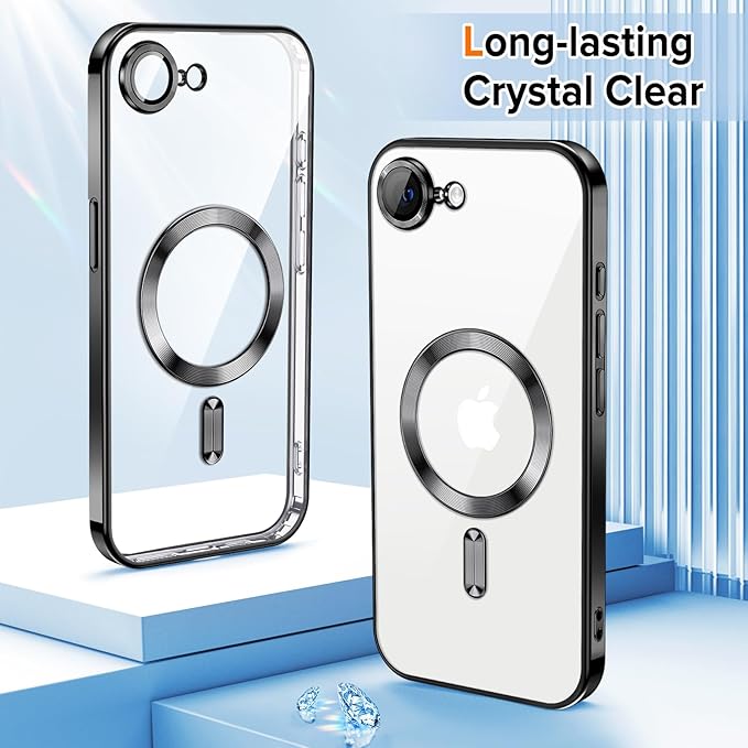 Hython Magnetic Clear for iPhone 17e Case with Camera Lens Protector [Compatible with MagSafe] Luxury Plating Edge Slim Soft TPU Cover Protective Phone Case for iPhone 17e 6.1", Black