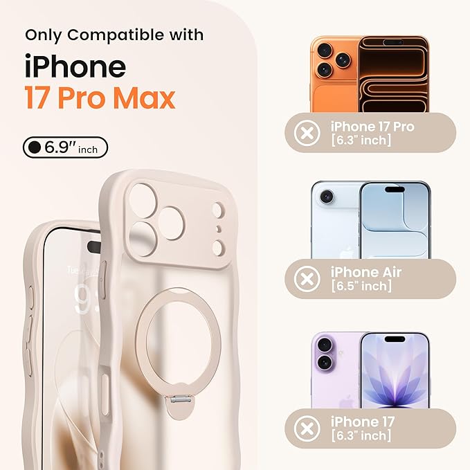 CAPRARO for iPhone 17 Pro Max Case with 360° Spin Magnetic Stand for Women, [Compatible with MagSafe] [Full Camera Protection] Cute Wave Translucent Matte Case for iPhone 17 Pro Max, Rose Gold