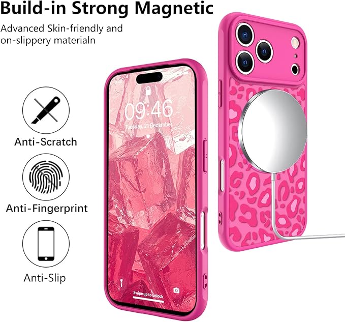 KANGHAR Case Compatible with iPhone 17 Pro Hot Pink Leopard Printed Pattern [Compatible with Magsafe] Cute Cheetah Protective Magnetic Case for Girls Women 6.3"