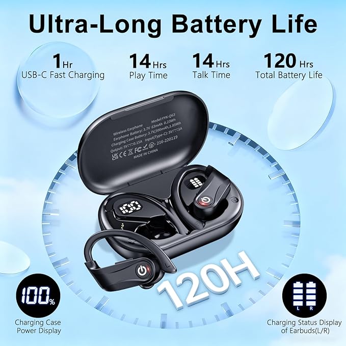 Earbuds Wireless Earbuds 120H Playback Bluetooth 6.1 Headphones IPX7 Waterproof Stereo Bass Over-Ear Headphones with Earhooks Microphone LED Battery Display for Sports Running Workouts