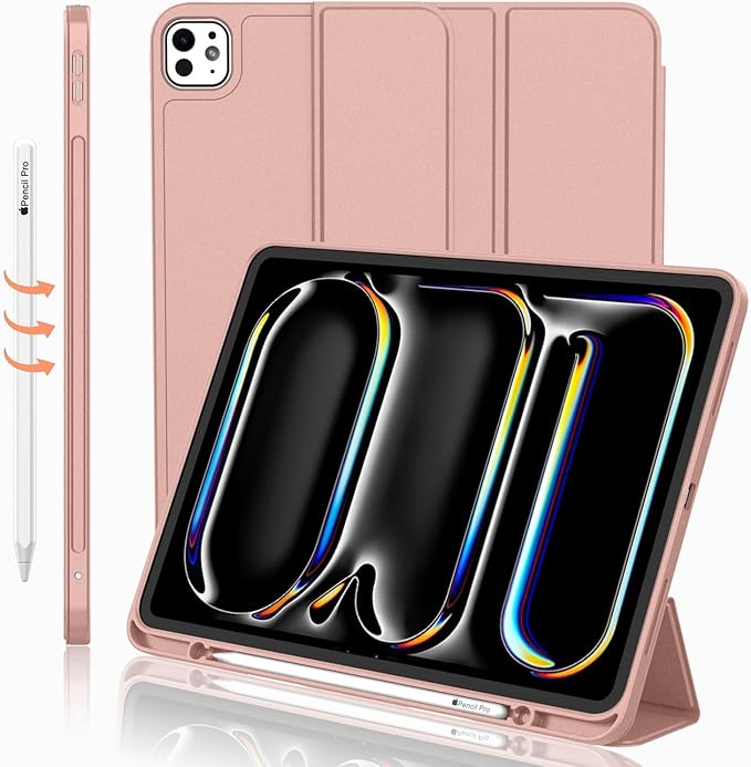 iMieet Case for iPad Pro 11 Inch (M5) 2025 /(M4) 2024 5th Gen, Trifold Stand Smart Cover with Pencil Holder and Soft TPU Back, Auto Wake/Sleep (Rose Gold)