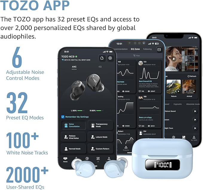 TOZO NC9 Hybrid Active Noise Cancelling Wireless Earbuds, 6 Mics ENC Clear Call, IPX8 Waterproof, in Ear Bluetooth 5.3 Headphones Stereo Bass Ear Buds 60H Playtime with LED Display 32 EQs via APP