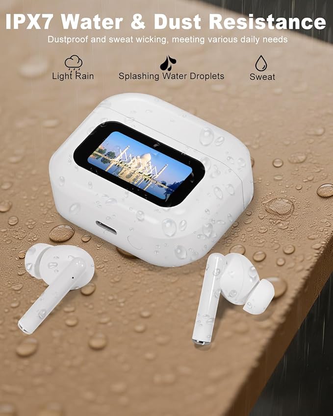 Bluetooth Earbuds with LED Touchsceen, IPX7 Waterproof Wireless Earphones, Hi-Fi Stereo & 68H Playtime, ANC ENC Noise Cancelling, for Work/Running/Trave (White)