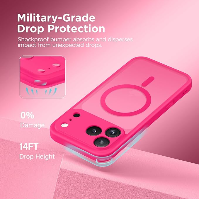 CAPRARO Magnetic for iPhone 17 Pro Max Case, Upgraded [Full Camera Protection] [Compatible with MagSafe] Protective Translucent Matte Women Girl Phone Case Cover, Hot Pink