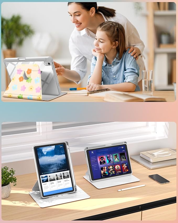 Uppuppy for iPad mini 7 Case (A17 Pro) for iPad mini 6th Generation Case - 360 Rotating Stand Folio Smart Cover with Pencil Holder for Women, Colorful Flowers for Apple Tablet Mini 8.3 inch 2024/2021