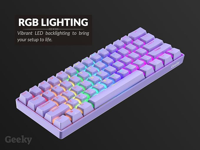 Geeky GK61 60% | Hot Swappable Mechanical Gaming Keyboard | 61 Keys Multi Color RGB LED Backlit for PC/Mac Gamer | ANSI US American Layout (Lavender, Mechanical Red)